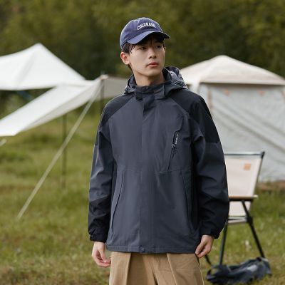 秋季新款户外运动情侣冲锋衣男女登山服可拆卸连帽休闲夹克外套潮 M 1818男深灰