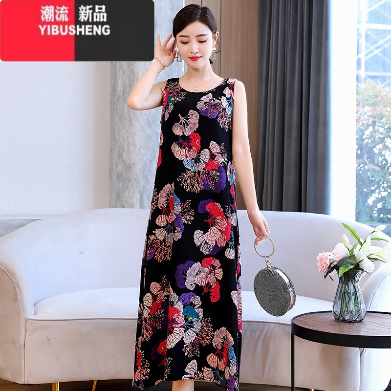 YIBUSHENG中年妈妈装棉绸连衣裙女装无袖中长款宽松大码显瘦沙滩大摆裙子高清大图