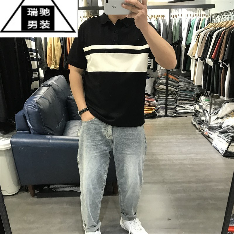 希杰狮王2023夏季新款男士翻领条纹POLO宽松弹力休闲拼色短袖T恤青年简约