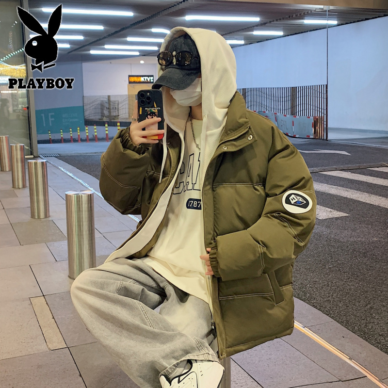 花花公子新款青少年学院风男式宽松连帽棉衣面包服假两件加厚棉服高清大图