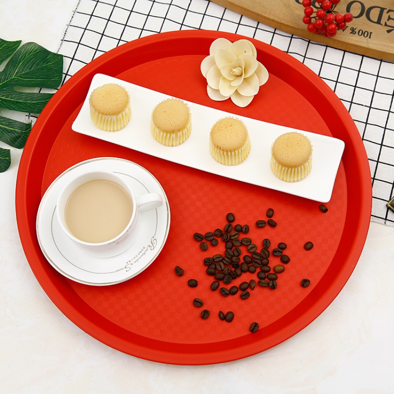 塑料托盘圆形彩色水果盘子茶盘快餐托盘幼儿园托盘酒店饭店餐具 红色大号圆形(直径41厘米)