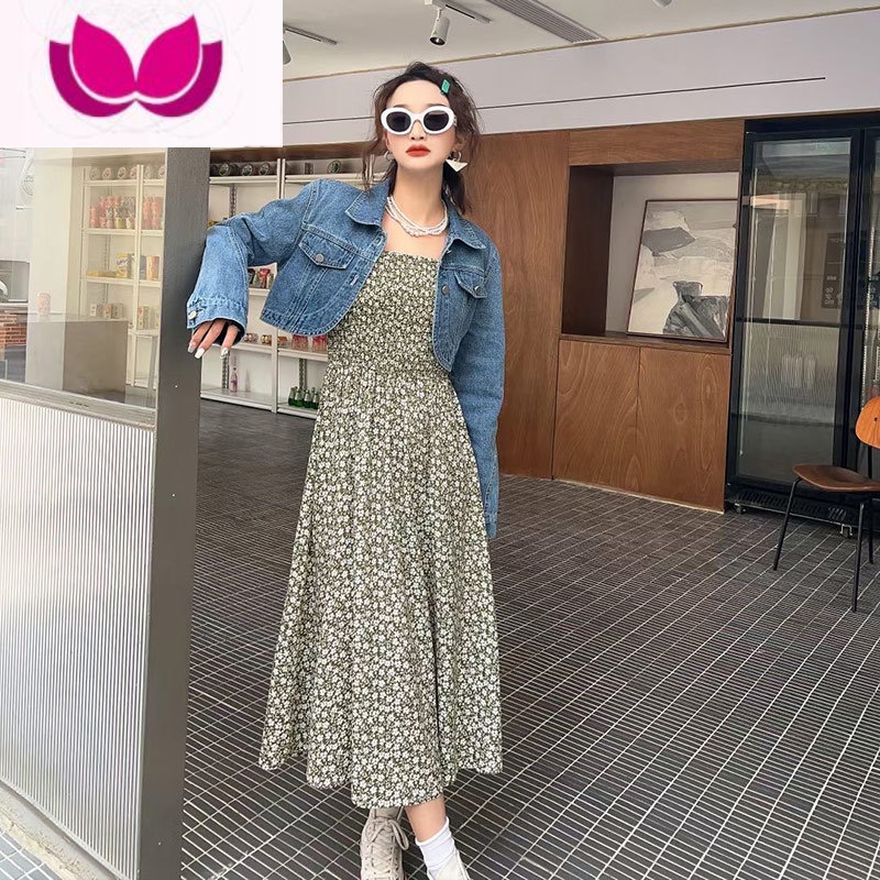 七斓牛仔短外套碎花吊带连衣裙女套2023新款宽松时尚休闲套装 绿色 L