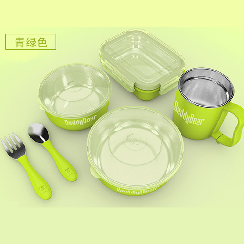 (私人订制)杯具熊(BEDDYBEAR儿童餐具宝宝婴幼儿吸盘碗辅食碗316不锈钢防摔碗辅食碗勺叉子套装宝宝餐具六件套