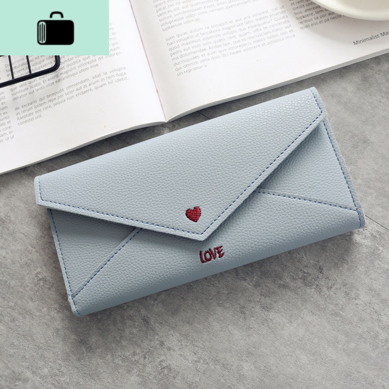 女士长款心形字母绣线2折多功能简约钱夹2020新款钱包女NEWLAKE 灰蓝