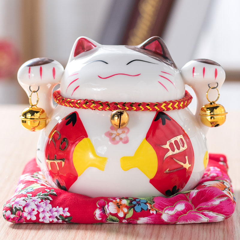 猫存钱罐家用摆件开业客厅小号储蓄收银台创意陶瓷日本发财猫 三维工匠 4.5红扇猫高清大图