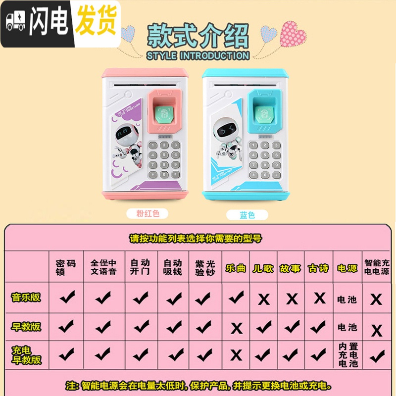 三维工匠防摔大容量存钱罐儿童密码指纹成人只进不出小男女孩储钱保险箱盒 906C-G指纹充电早教版粉色卫士送贴纸+纸储蓄罐高清大图