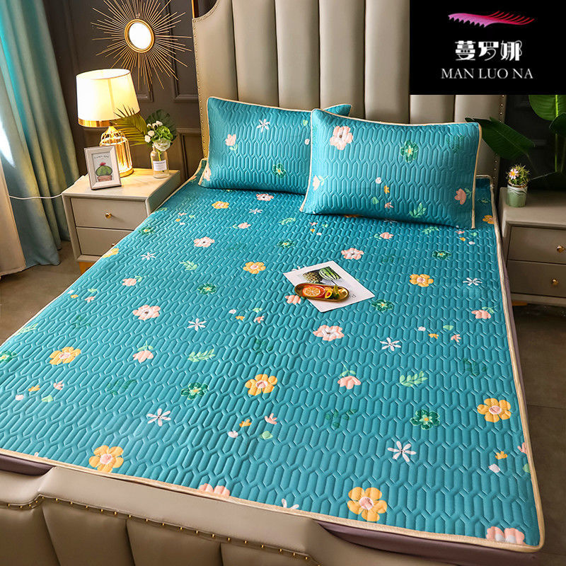 乳胶冰丝凉席草席竹席单人学生宿舍儿童可折叠席子三件套 繁花似锦纯乳胶填充冰感丝面料 1.5x2米凉席+枕套2只