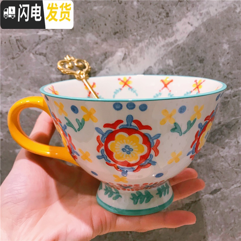 三维工匠又又海 英伦陶瓷手绘杯子彩色花朵小清新大容量早餐杯 情侣马克杯高清大图