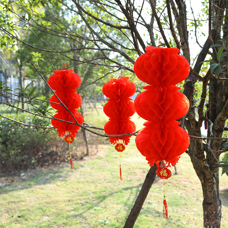 新年春节塑胶纸灯笼元旦三四五连串蜂窝折叠树上小红灯笼装饰布置/加厚蜂窝20#三连串 单位:个
