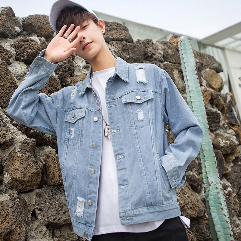 圣吉奥破洞牛仔外套男春秋新款百搭韩版帅气修身学生夹克衫牛仔衣
