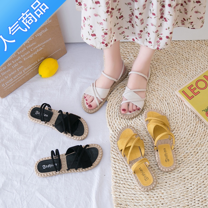 SUNTEK凉鞋女仙女风ins潮2020新款夏季时尚百搭两穿学生女士平底罗马新高清大图