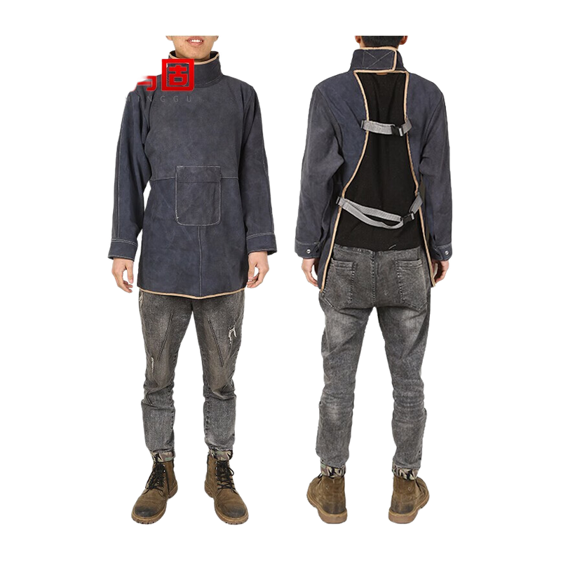 鸣固 焊工防护围裙 牛皮防烫电焊工作服 黑蓝色85cmCW5x8273高清大图