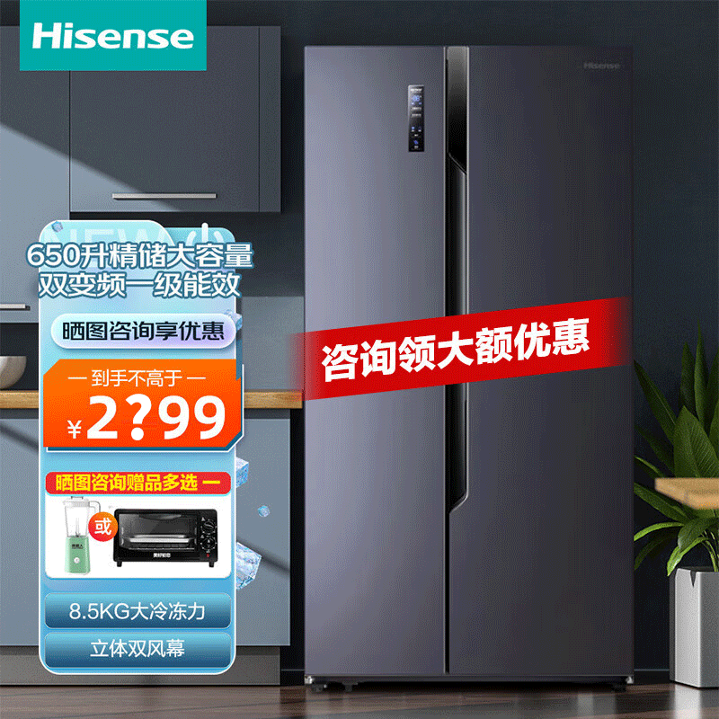 海信(Hisense)大容量双开门家用650升智能一级能效变频风冷无霜二门双门节能电冰箱BCD-650WFK1DPUQ