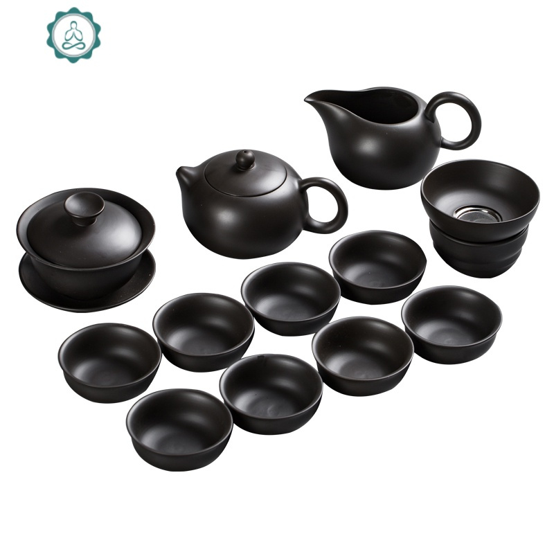 原矿黑紫砂功夫茶具套装复古家用朱泥茶壶茶杯办公室会客茶道 封后 荷韵紫砂茶具13头