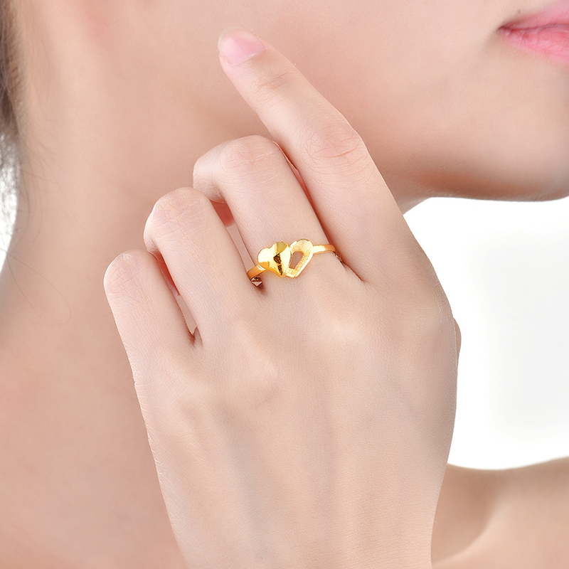 永坤黄金爱心戒指足金双心戒 心心相印款拉丝光板活口 送女友妈妈