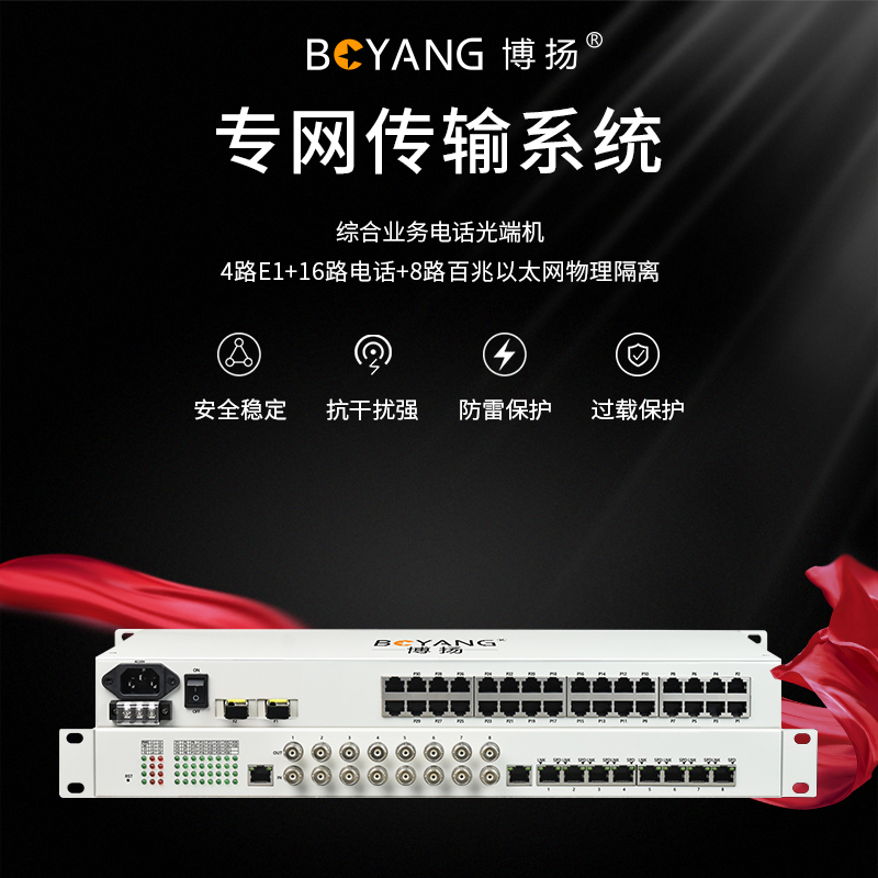 博扬 综合业务电话光端机 4路E1+16路电话+8路百兆以太网物理隔离 单纤 1对价BY-4E1-16P8FV-60km