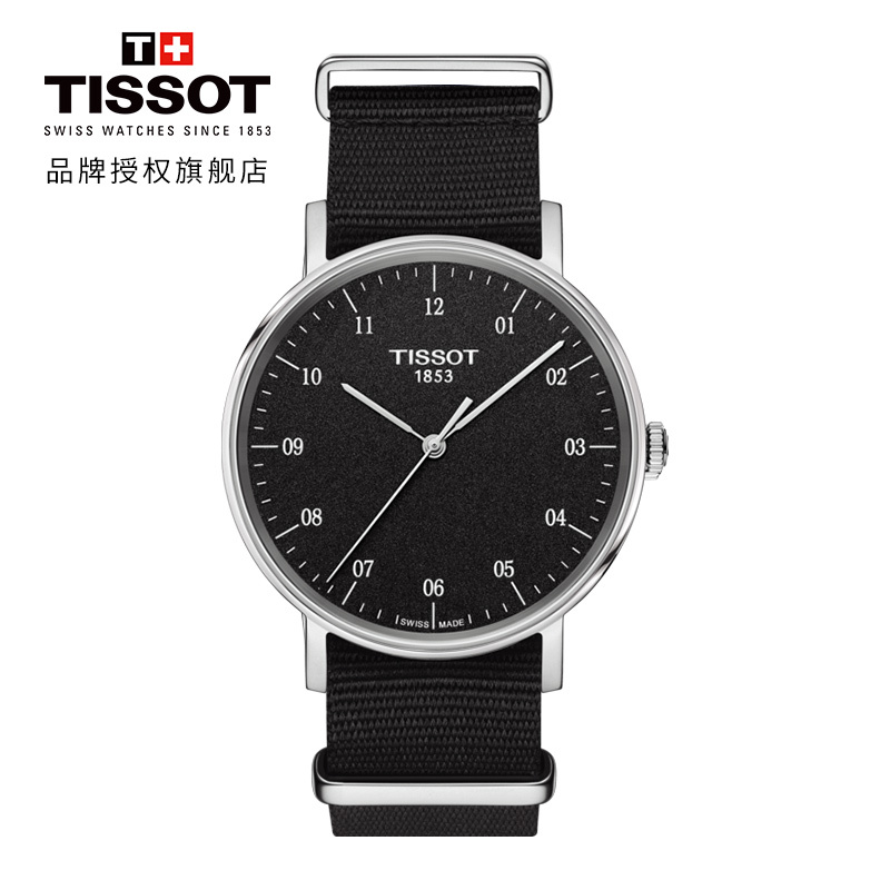 天梭(TISSOT)瑞士手表 简约质感百搭炫酷黑盘 魅时系列尼龙带男士石英表 T109.410.17.077.00 礼物