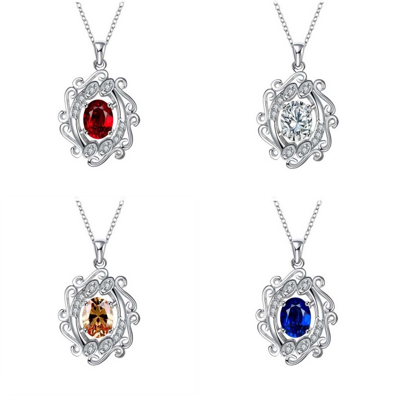N048Women Silver Necklace镀925纯银镂空宝石坠项链女送友首饰送女朋友七夕情人节礼物