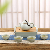 常生源 功夫茶具 天青色仿宋汝窑开片功夫茶具陶瓷茶杯茶碗茶壶整套套装 7头文旦壶