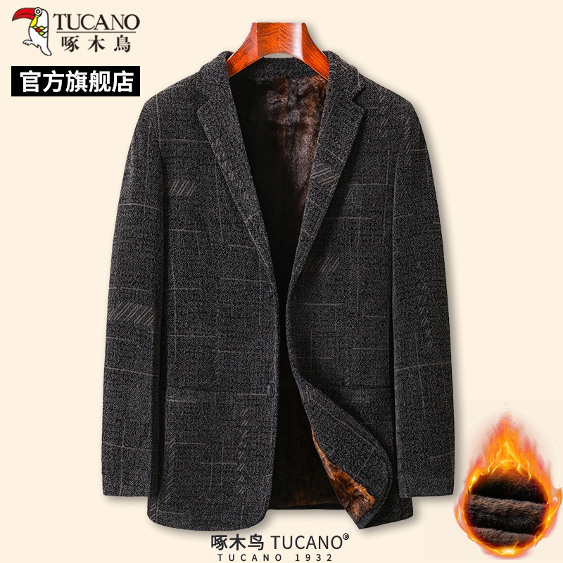 啄木鸟冬季男士加绒加厚呢子西服中年保暖爸爸装单西外套上衣年子高清大图