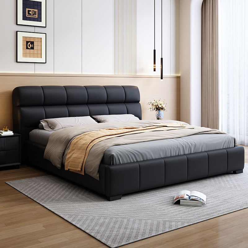 意式真皮床现代简约轻奢双人床主卧室黑色泡芙床榻榻米网红软包床高清大图