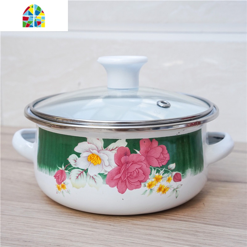 搪瓷珐琅碗宝宝辅食碗双耳汤锅卡通可爱饭碗蒸蛋碗迷你餐具含盖 FENGHOU 16cm蓝玫瑰