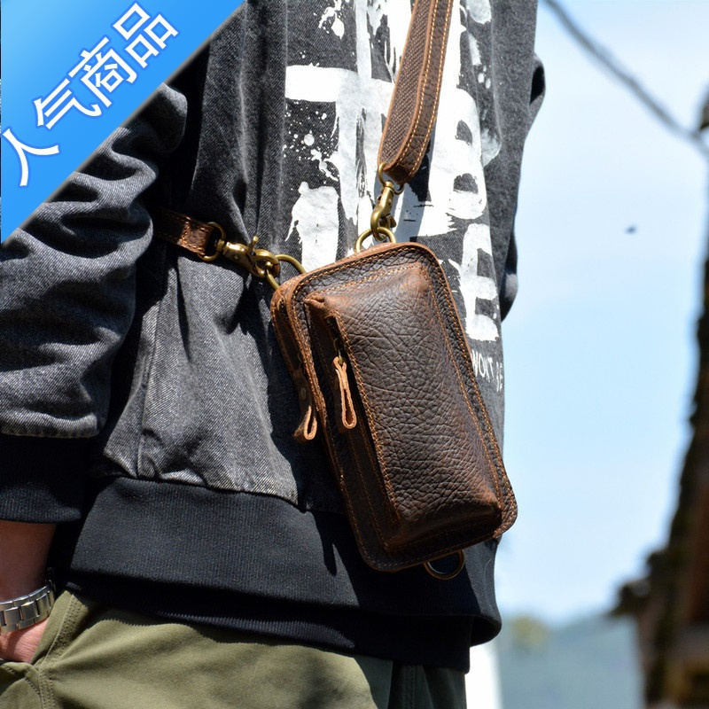 封后疯马皮新款腰包男穿皮带迷你小包纯手机包复古斜挎包潮包斜挎包男