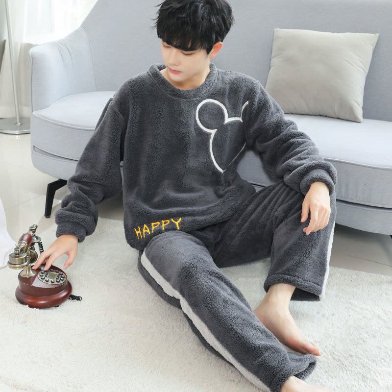 男士睡衣冬季可外穿法兰绒加绒加厚冬天睡衣男款珊瑚绒家居服套装图片