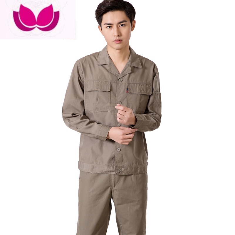 七斓夏季薄长袖焊工工作服套装男女劳保工作服耐脏厂服工装套装建筑工 175/XL139-148斤 驼灰色套装