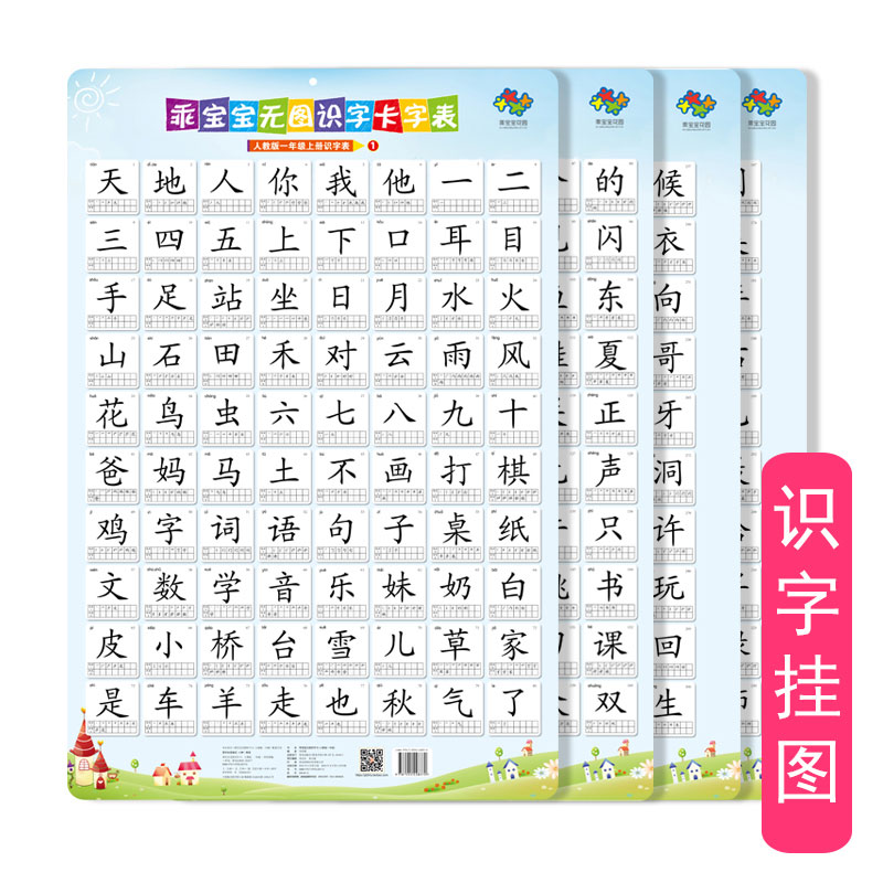 小学生一年级汉语拼音字母表无声挂图声母韵母幼儿园早教拼音墙。 一年级上册识字表挂图(共4张)