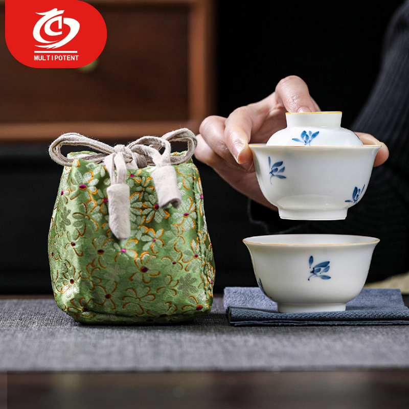 MULTIPOTENT 旅行功夫茶具套组中国白瓷手绘蝴蝶兰快客杯陶瓷便携旅行茶具高清大图