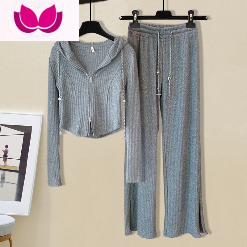 七斓慵懒风运动炸街套装女2022秋季新款连帽长袖上衣休闲裤时尚套 灰色套装 L