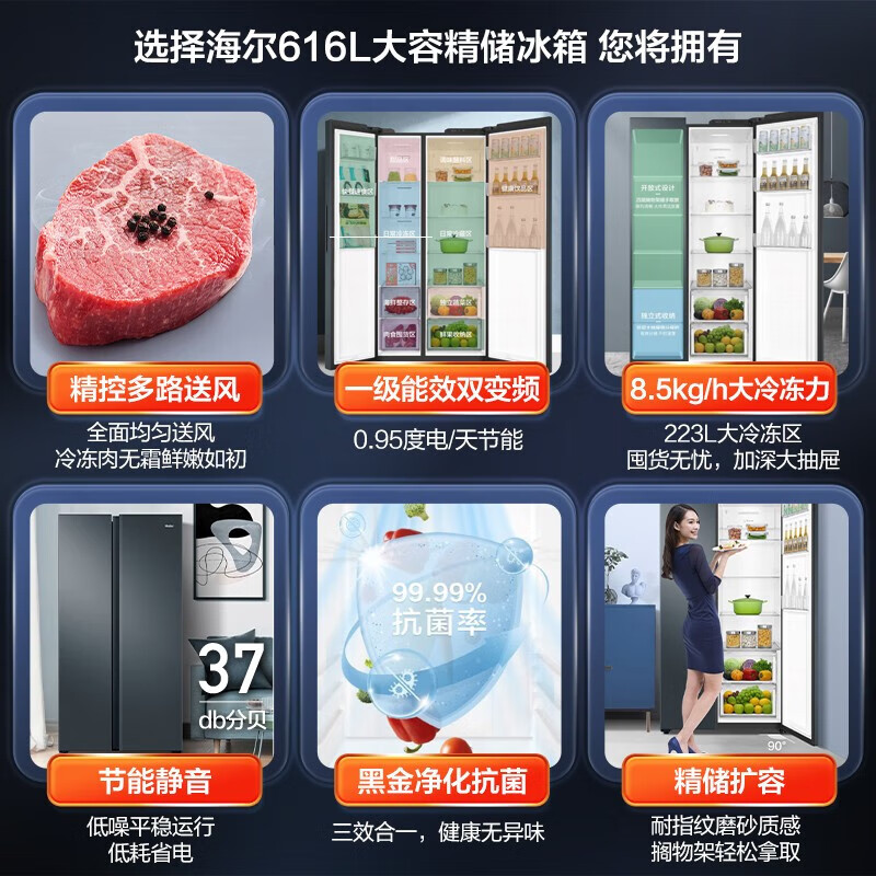 3M 海尔冰箱双开门 616升对开门风冷无霜双变频一级节能大容量家用电冰箱高清大图