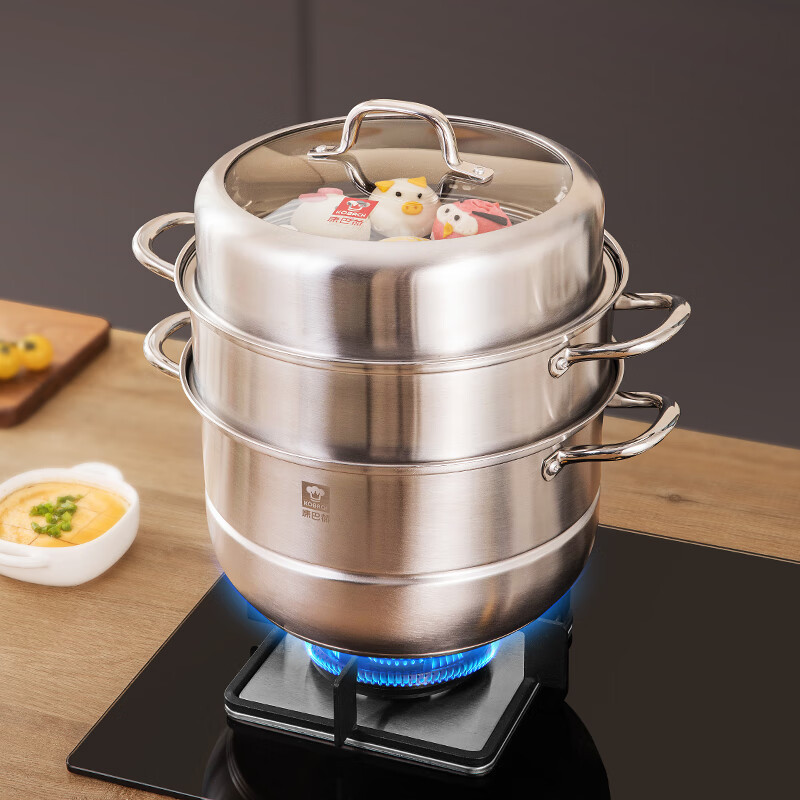 康巴赫(KBH)蒸锅不锈钢蒸笼大容量复合底汤锅蒸煮两用锅三层高盖28cm高清大图