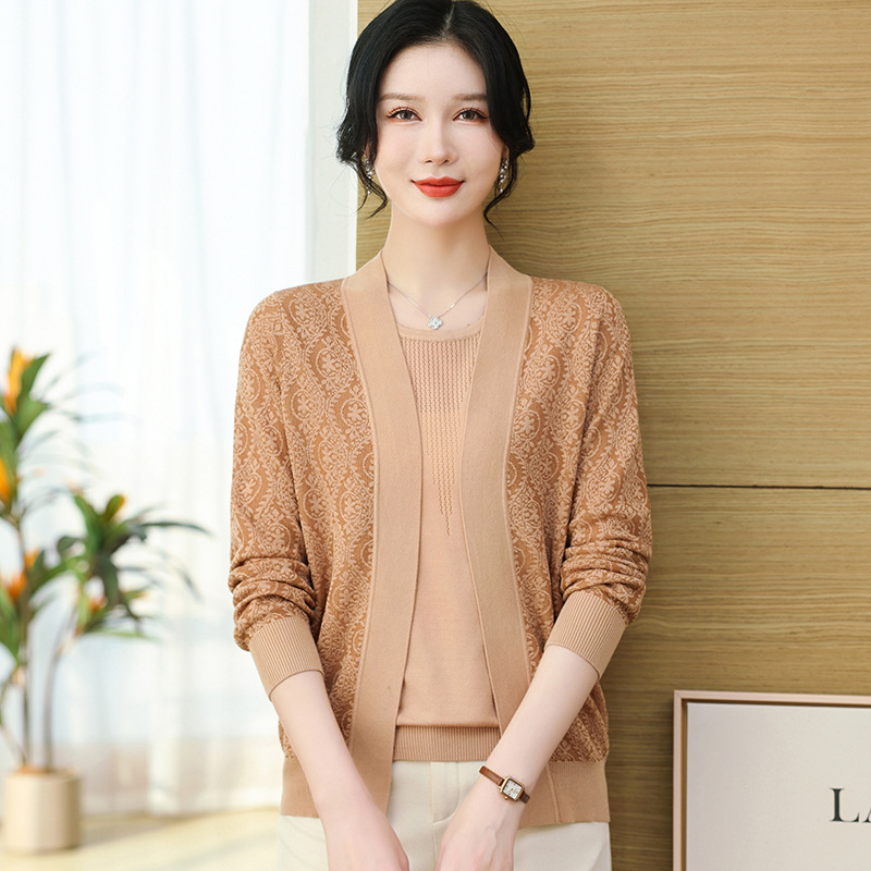 2024春装新款真两件套上衣薄款妈妈开衫针织外套洋气短袖纯色内搭 驼色 115