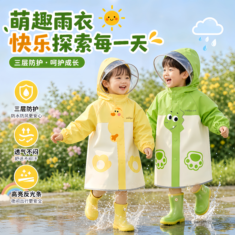 正雨儿童雨衣小学生上学宝宝男女孩长款防暴雨初中自行车雨披9063高清大图