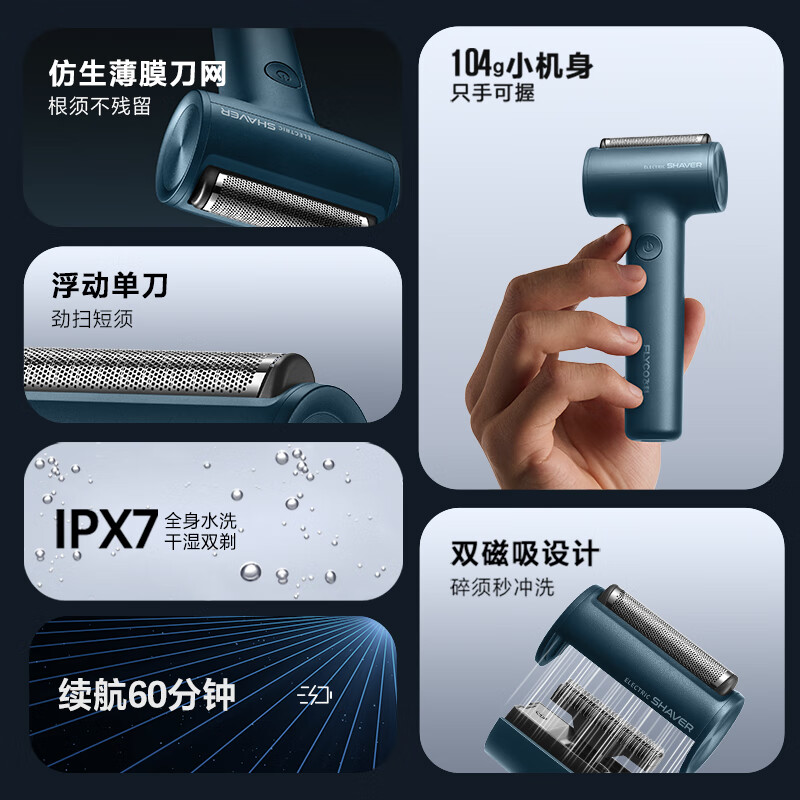 飞科(FLYCO)往复式电动剃须刀便携轻巧全身水洗刮胡须刀FS683 星云蓝高清大图