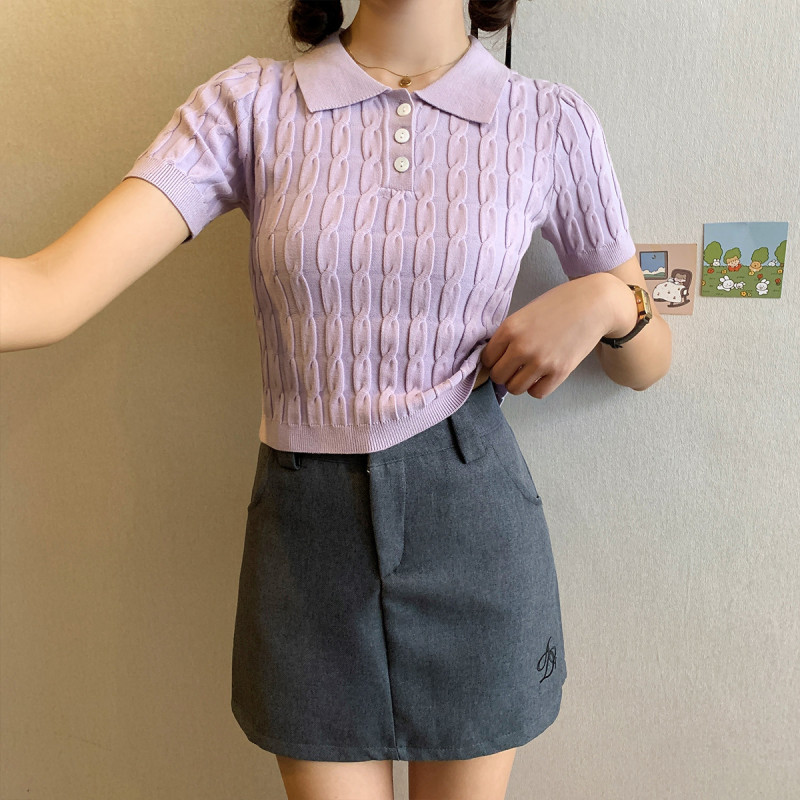 [2.5折价70元]唐狮夏短袖polo领T恤女针织翻领短上衣小众百搭休闲