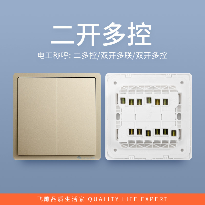 飞雕(FEIDIAO)开关插座 86型家用暗装超大面板 品意系列电源墙壁开关面板 品意金二开多控