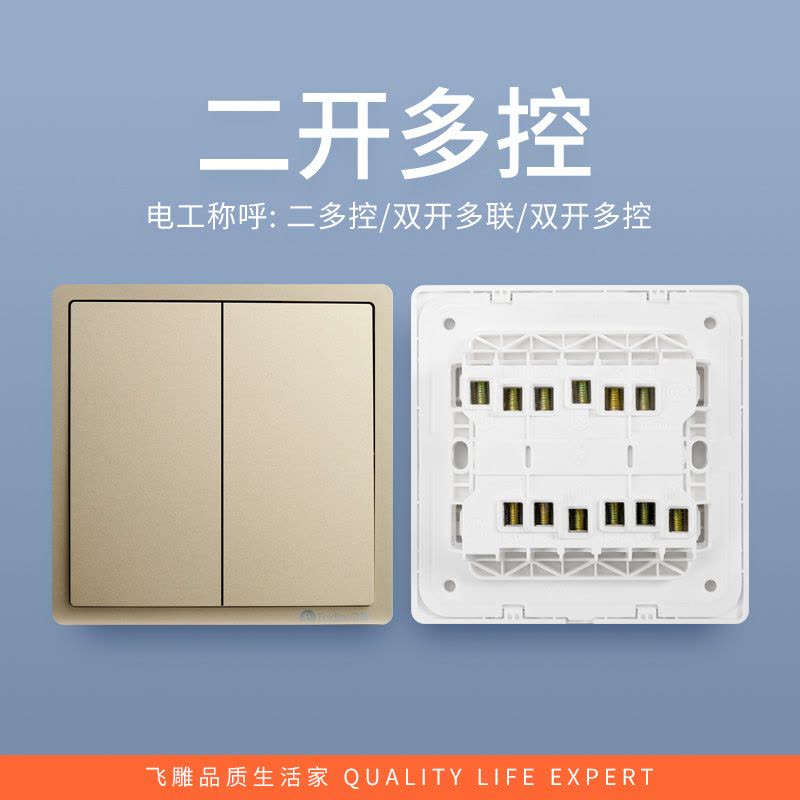 飞雕(FEIDIAO)开关插座 86型家用暗装超大面板 品意系列电源墙壁开关面板 品意金二开多控图片