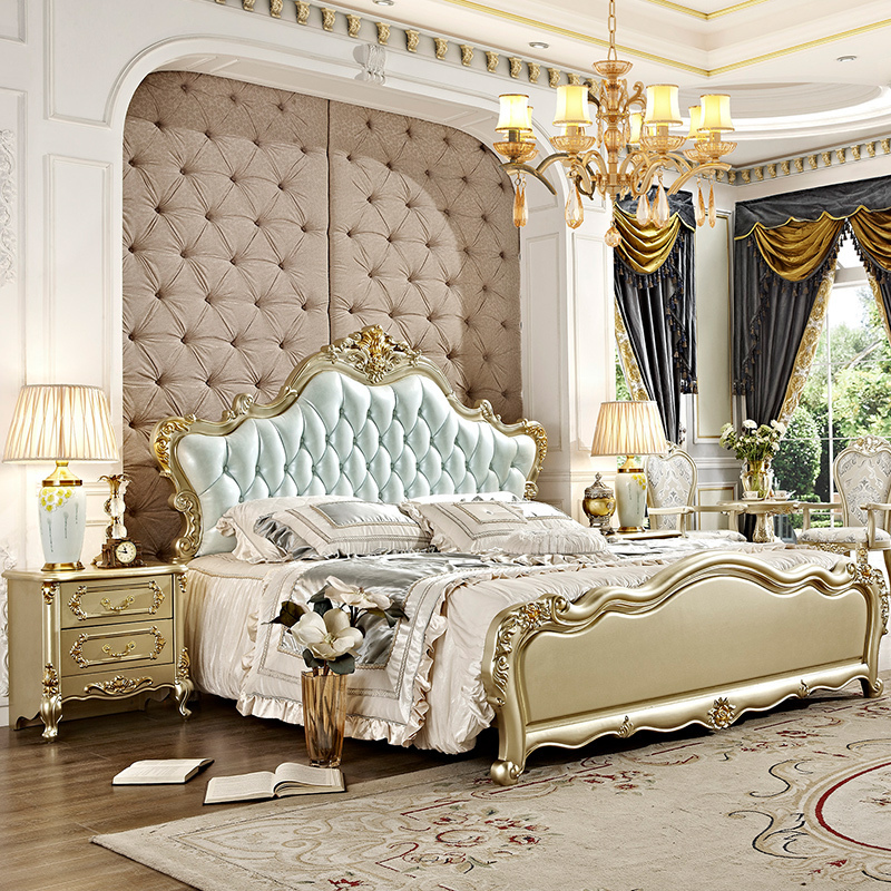 米括mikuo欧式床主卧公主全实木床18米双人橡木雕花婚床香槟金色宫廷