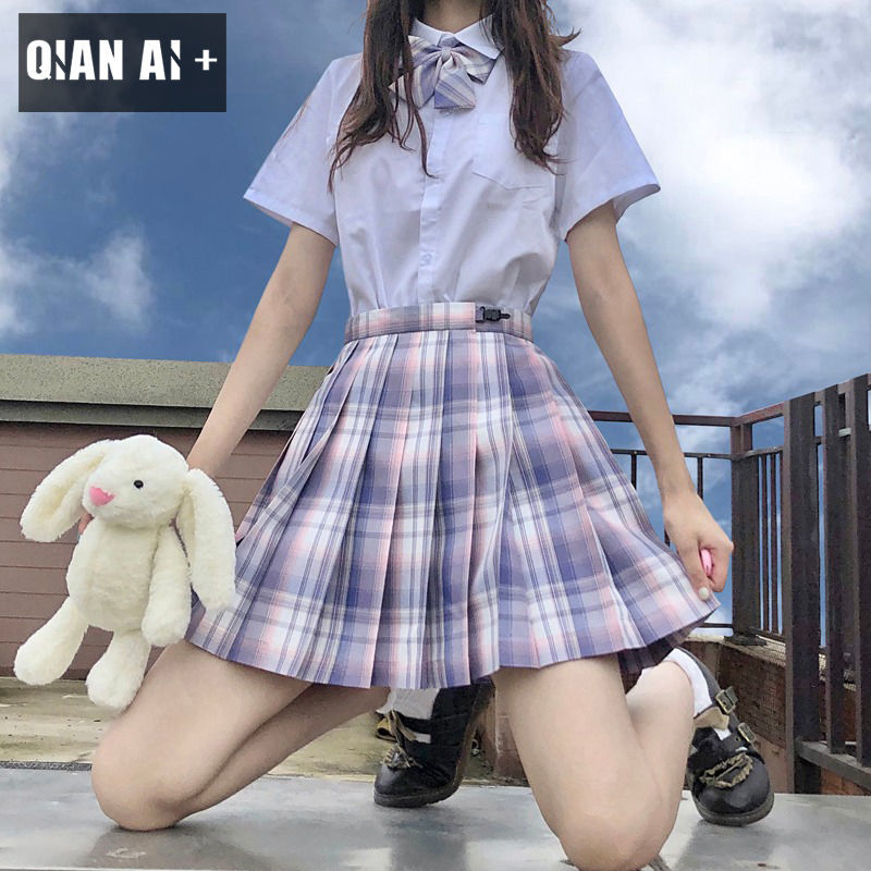 芊艾格子百褶裙女夏季学院风学生小个子高腰显瘦a字半身裙jk短裙视频