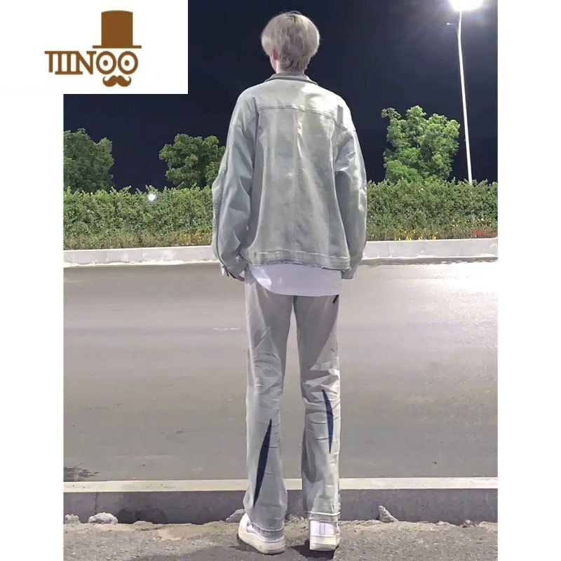 YANXU黄泥染男士牛仔裤2023新款时尚套装做旧破洞美式高街牛仔外套