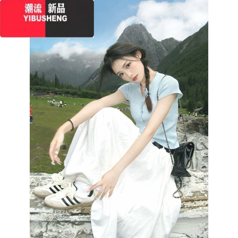 YIBUSHENG多巴胺奶系韩剧女主穿搭套装法式学院风甜美初恋系连衣裙子女季 蓝色上衣港味chic/夏季新款/独特上衣超好看减龄/法式上衣 XL
