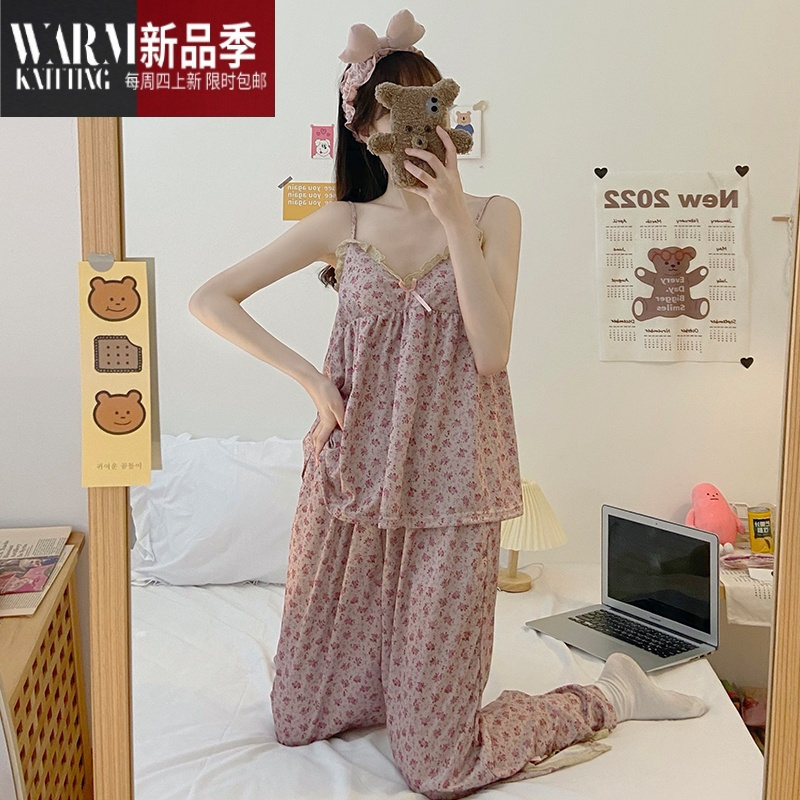 shanchao带胸垫吊带睡衣套装女夏季纯欲风小清新甜美碎花可外穿休闲
