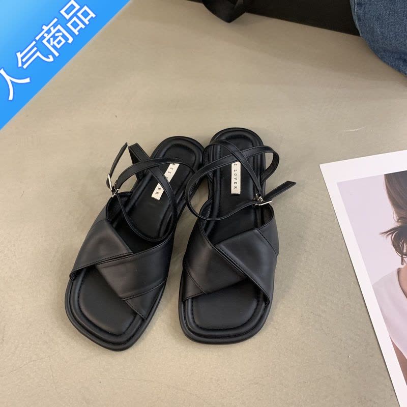 SUNTEK露趾凉鞋女夏平底2022年韩版学生温柔仙女风一字扣带蝴蝶结罗马鞋图片