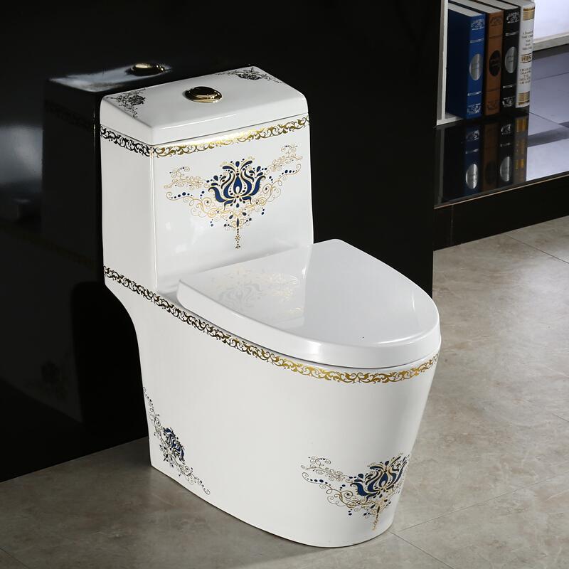 简约欧式彩色马桶家用坐便器防臭节水抽水彩金座便器陶瓷坐厕蓝花款波迷娜BOMINA高清大图