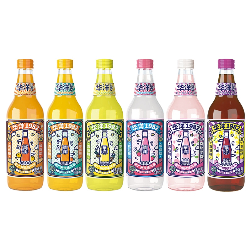 华洋1982 果汁汽水358ml果味果汁碳酸饮料老式广州饮料果汁汽水饮品多种口味玻璃瓶装