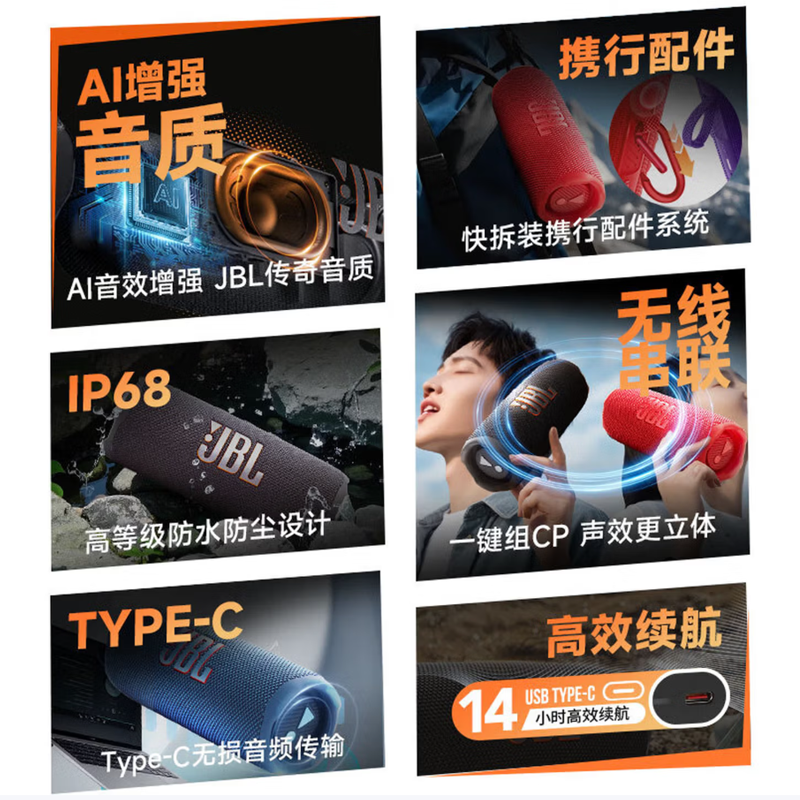 JBL FLIP7 音乐万花筒七代 无线蓝牙音响重低音炮立体声便携户外防水家用桌面音箱高音质高颜值 蓝色 国行正品全新高清大图