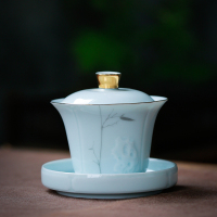 苏氏陶瓷 SUSHI CERAMICS 茶具套装青瓷手绘描金功夫茶具茶杯子礼盒装(三才盖碗+茶壶)